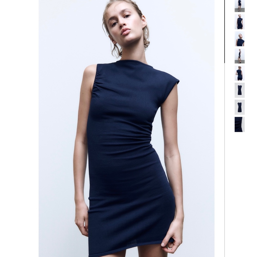 ZARA DARK NAVY BLUE DRAPED KNIT DRESS ASYMMETRICAL MINI SIZE S